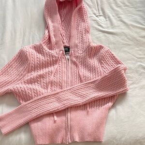 Pink Cable Knit Hooded Sweater
